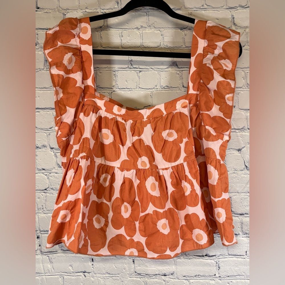 Jacquie The Label In Bloom Poppy Orange Pink Flutter Sleeve Retro Babydoll Top M